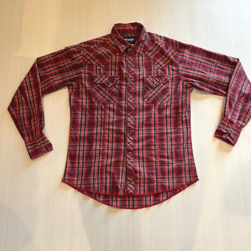 Wrangler‎ Mens Western Snap Shirt Red Black Plaid Cowboy Workwear Medium Pearl